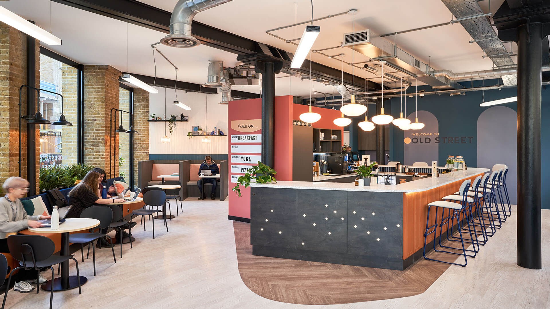 The shared lounge and café at Work.Life Old Street, home to our London office